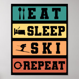 Poster Ski Rétro Manger Sommeil Ski Répéter Skier Hive