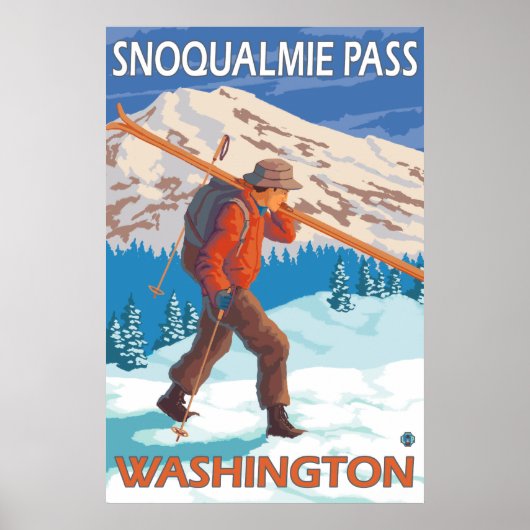 Poster Skier transportant ski de neige - Snoqualmie Pass, (Devant)