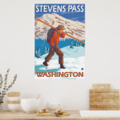 Poster Skier transportant ski de neige - Stevens Pass, WA (Cuisine)