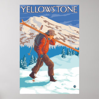 Poster Skier transportant ski de neige - Yellowstone Nat'