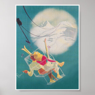 Poster Skieurs sur Ski Ascenseur et Lune Romantique Vinta