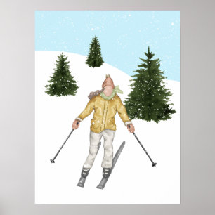 Poster Skieuse à l'aquarelle et pentes avec sapins Hiver