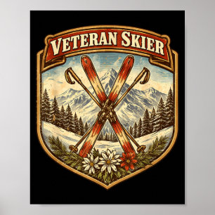 Poster Skieuse chevronnée skis vintage femme âgée faisant