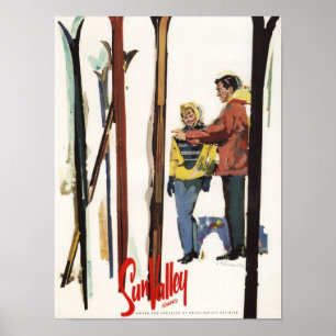 Poster Skis debout dans la neige par un couple