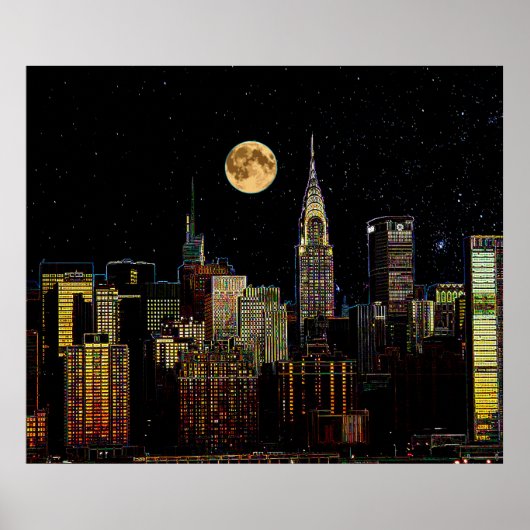 Poster Skyline New York La Nuit Avec Pleine lune (Devant)