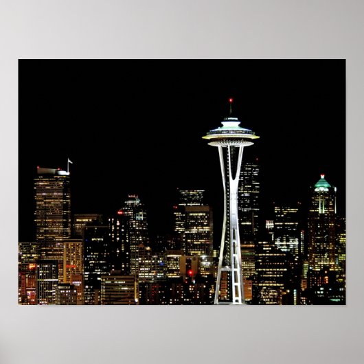 Poster Skyline Seattle la nuit, avec Space Needle. (Devant)