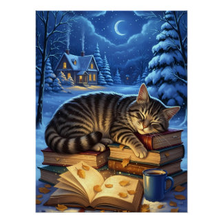 Poster Sleeping Cat on Books Winter Night