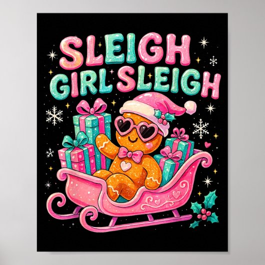 Poster Sleigh Girl Cute Gingerbread Christmas Art (Devant)