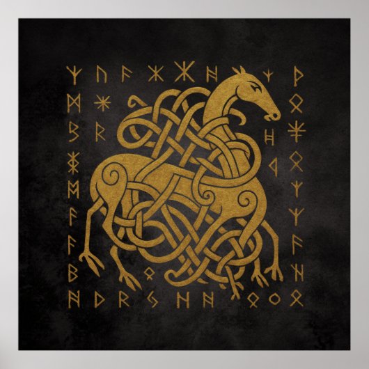 Poster Sleipnir, Cheval doré nordique avec symbole de run (Devant)