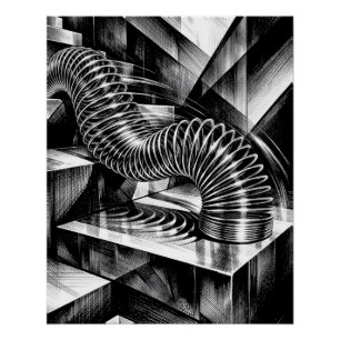 Poster Slinky monochrome dévalant les marches chromées