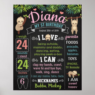 Poster Sloth Hang Zoo First Birthday Chalkboard
