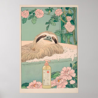 Poster Sloth in Bathtub Ukiyo-e Print Japandi Bathroom
