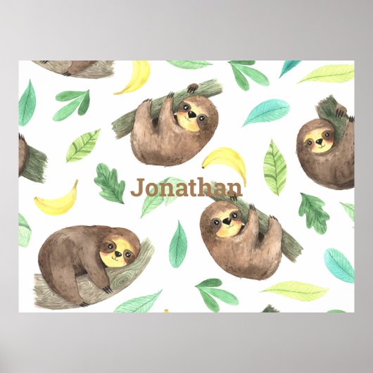 Poster Sloth sur une branche Bananes Nom animal (Devant)