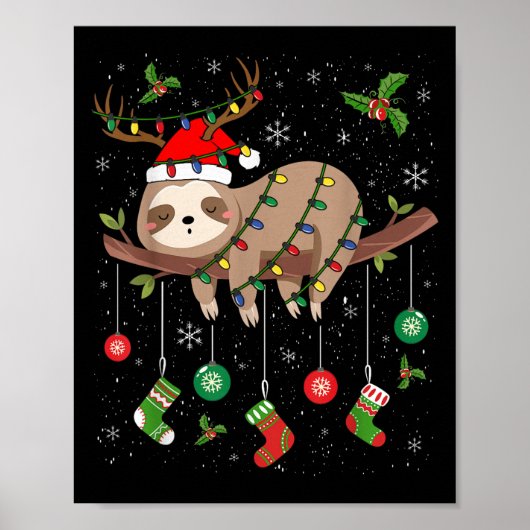 Poster Sloths Xmas Lighting Reindeer Santa Hat Sloth Chri (Devant)