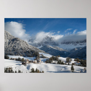 Poster Small village with Dolomites mountains in the snow
