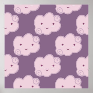 Poster Smiling cloud sky seamless pattern on lilac backgr