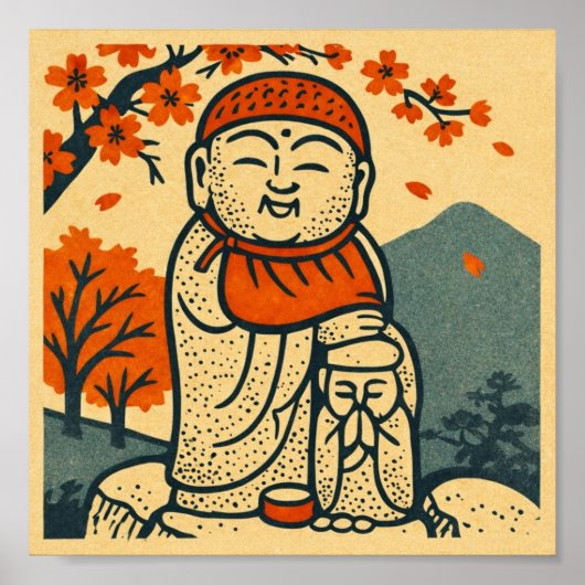 Poster Smiling Jizo Guardian  – Japanese Folk Art  (Devant)
