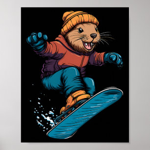 Poster Snowboard Animaux - Castor Sur Snowboard Snowbo