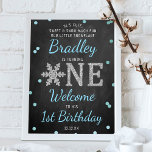 Poster Snowflake Winter Chalkboard 1er anniversaire Bienv<br><div class="desc">Célébrez dans le style avec ce panneau de bienvenue branché 1er anniversaire. Le design est facile à personnaliser avec votre propre libellé et votre famille et vos amis seront ravis de voir ce fabuleux signe de fête. Des éléments de partie correspondants se trouvent dans la collection.</div>