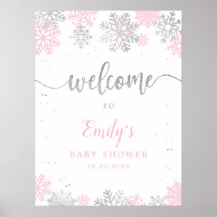 Poster Snowflakes Pink Silver Girl Baby shower Bienvenue