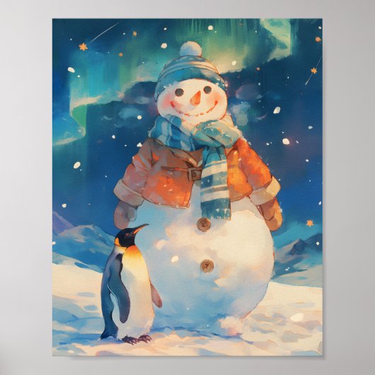 Poster Snowman and Penguin Northern Lights Winter Nursery (Devant)