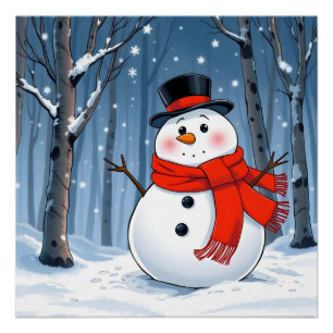 Poster Snowman dans la forêt froide avec foulard rouge
