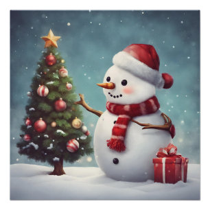 Poster Snowman décorant l'arbre de Noël