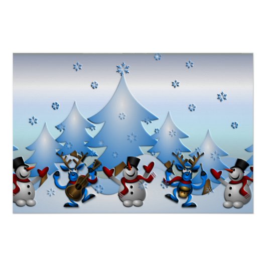 Poster Snowman et Reindeers dansent sous les arbres (Devant)