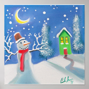 Poster Snowman scène d'hiver folk art peinture