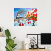 Poster Snowman scène d'hiver folk art peinture train (Bureau à domicile)