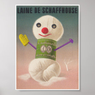 Poster Snowman Skein de Yarn Whimsical Vintage