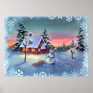 Poster SNOWMAN, SNOWFLAKES & SLED par SHARON SHARPE