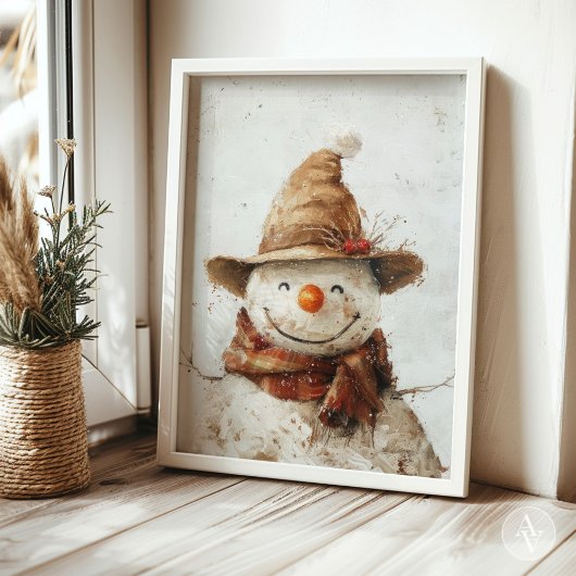 Poster Snowman souriant rustique à Noël Casquette et Écar
