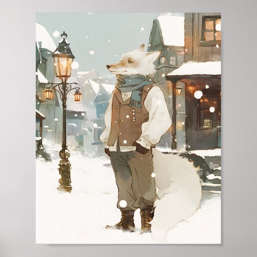 Poster Snowy Arctic Fox Watercolor Portrait with Scarf (Devant)