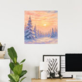 Poster Snowy Forest Sunset - Watercolor Style Art (Bureau à domicile)
