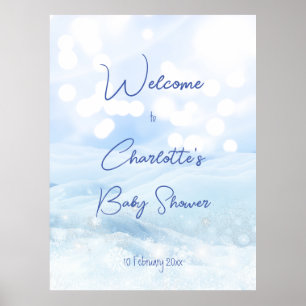 Poster Snowy pastel blue bokeh baby shower d'hiver accuei