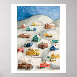 Poster Snowy Winter Village Art