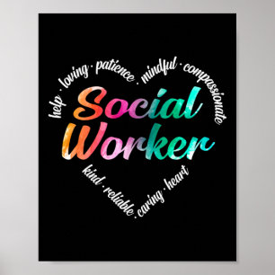 Poster Social Worker Heart Word Cloud Aquarelle Arc-en-ci