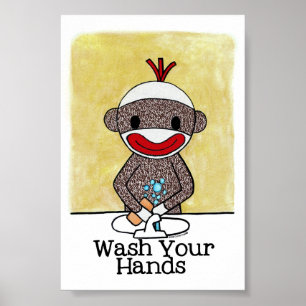 Poster Sock Monkey Salle de bain Rappel Lavez vos mains 4