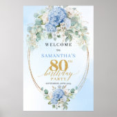 Poster Soft Blue Boho Gold Hydrangeas 80 birthday welcome (Devant)
