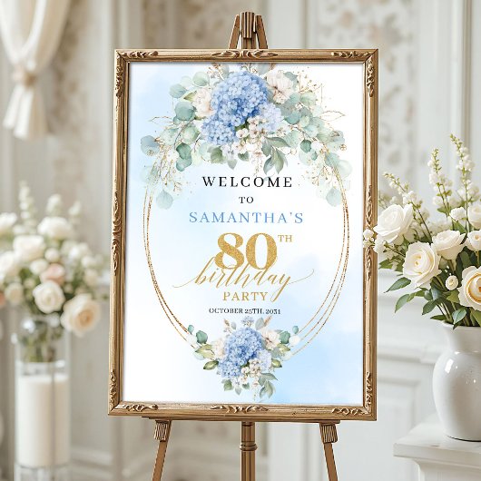 Poster Soft Blue Boho Gold Hydrangeas 80 birthday welcome