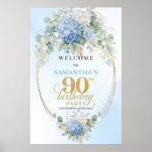 Poster Soft Blue Botanical Gold 90th birthday welcome (Devant)