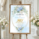 Poster Soft Blue Floral Elegance Gold 80 birthday welcome<br><div class="desc">âś… For matching items search 39-80 in my collections âś…
Celebrate 80 wonderful years with this watercolor hydrangea welcome sign. Dusty blue and gold florals create a soft, elegant greeting perfect for an 80th birthday party. Boho eucalyptus accents and pastel hues bring timeless beauty to your celebration.</div>