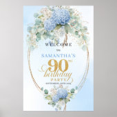 Poster Soft Blue Hydrangeas Boho 90th birthday welcome (Devant)