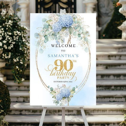 Poster Soft Blue Hydrangeas Boho 90th birthday welcome
