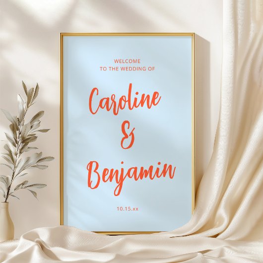 Poster Soft Blue Orange Script NamesWedding Welcome Sign 