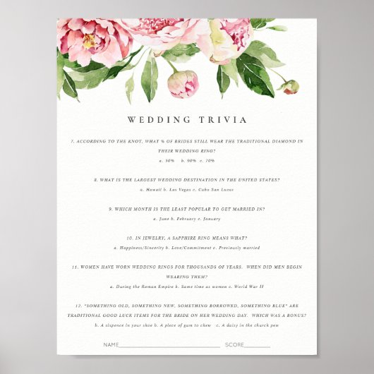 Poster Soft Blush Floral Peony Mariage Trivia Jeu Partie  (Devant)