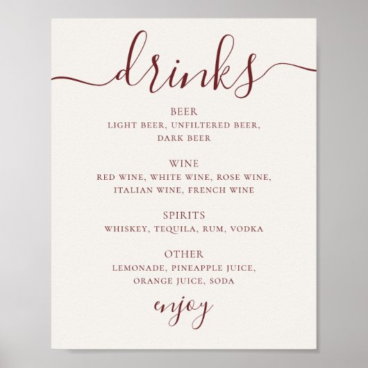 Poster Soft Ivory Wedding Drinks Menu | Script Bar Sign (Devant)