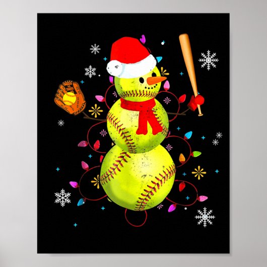 Poster Softball Christmas Funny Softball Snowman Xmas  (Devant)