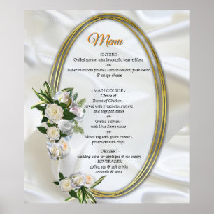 Poster Soie blanche luxueuse et fluide et roses blanches.